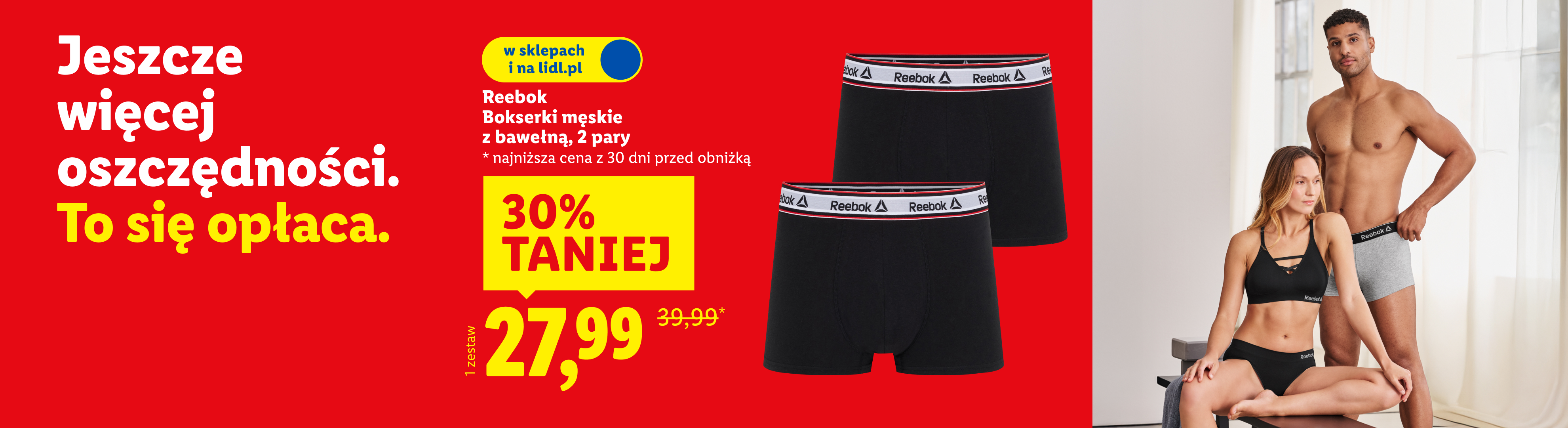 Bokserki męskie Reebok, 2 pary za 27,99, 30% taniej.