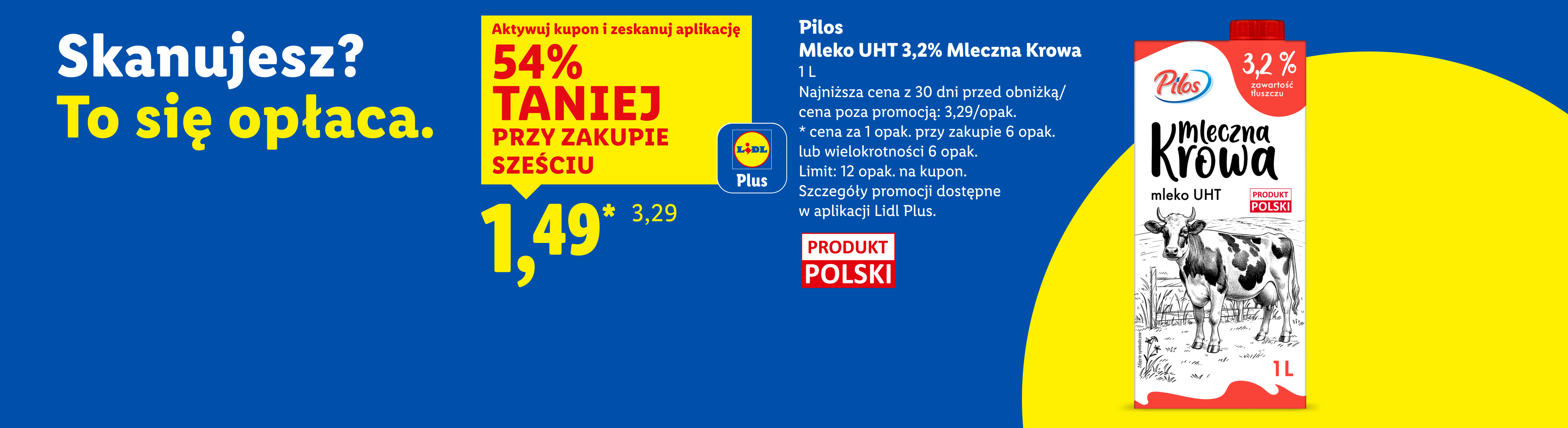 Pilos Mleko UHT 3,2% Mleczna Krowa z kuponem Lidl Plus 54% taniej przy zakupie sześciu, 1,49/1 l.