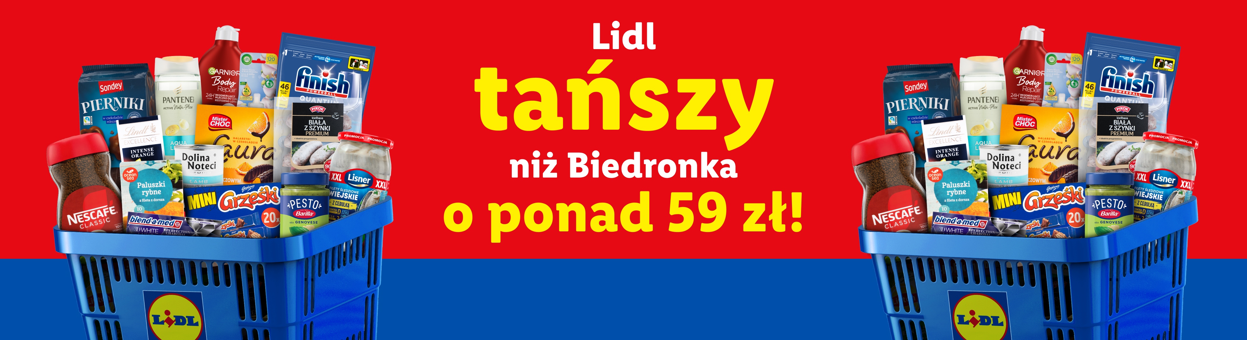 Koszyk pełen produktów spożywczych i chemii gospodarczej, z napisem „Lidl tańszy niż Biedronka o ponad 59 zł!”