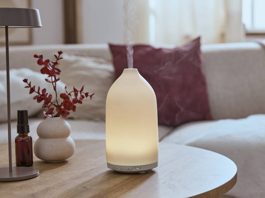 Dyfuzor zapachowy z podświetleniem, obok wazon z czerwonymi gałązkami i buteleczka olejku.