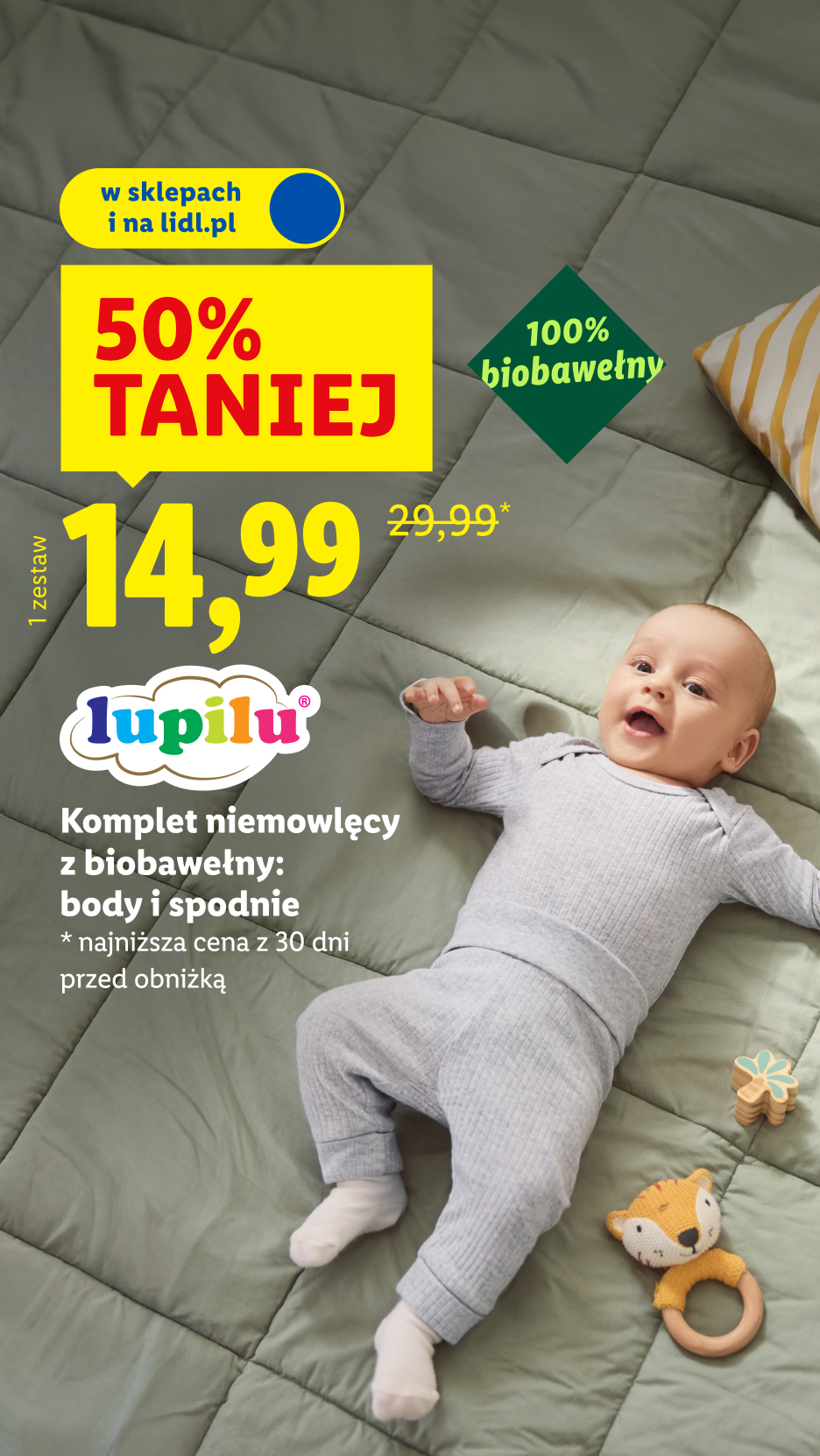 Niemowlęcy komplet z biobawełny (body i spodnie) za 14,99 zł, 50% taniej.