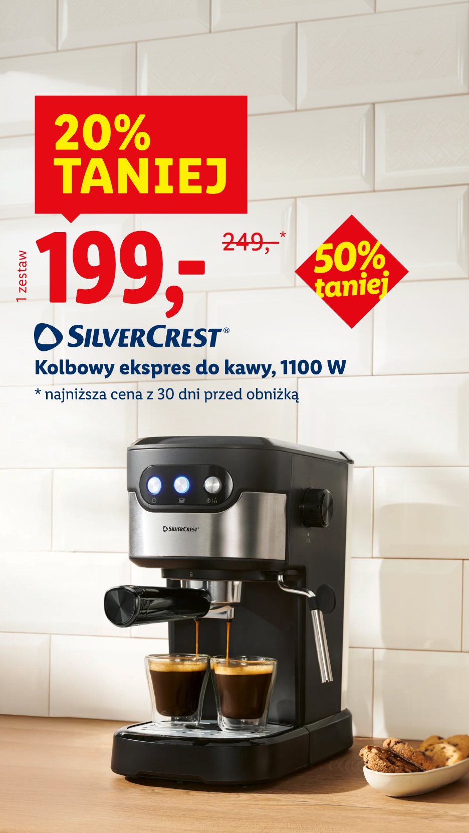 Ekspres do kawy z ceną 199 zł, obniżoną z 249 zł, z informacją o 20% taniej.