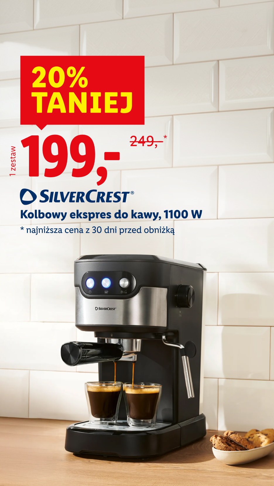 Ekspres do kawy z ceną 199 zł, obniżoną z 249 zł, z informacją o 20% taniej.
