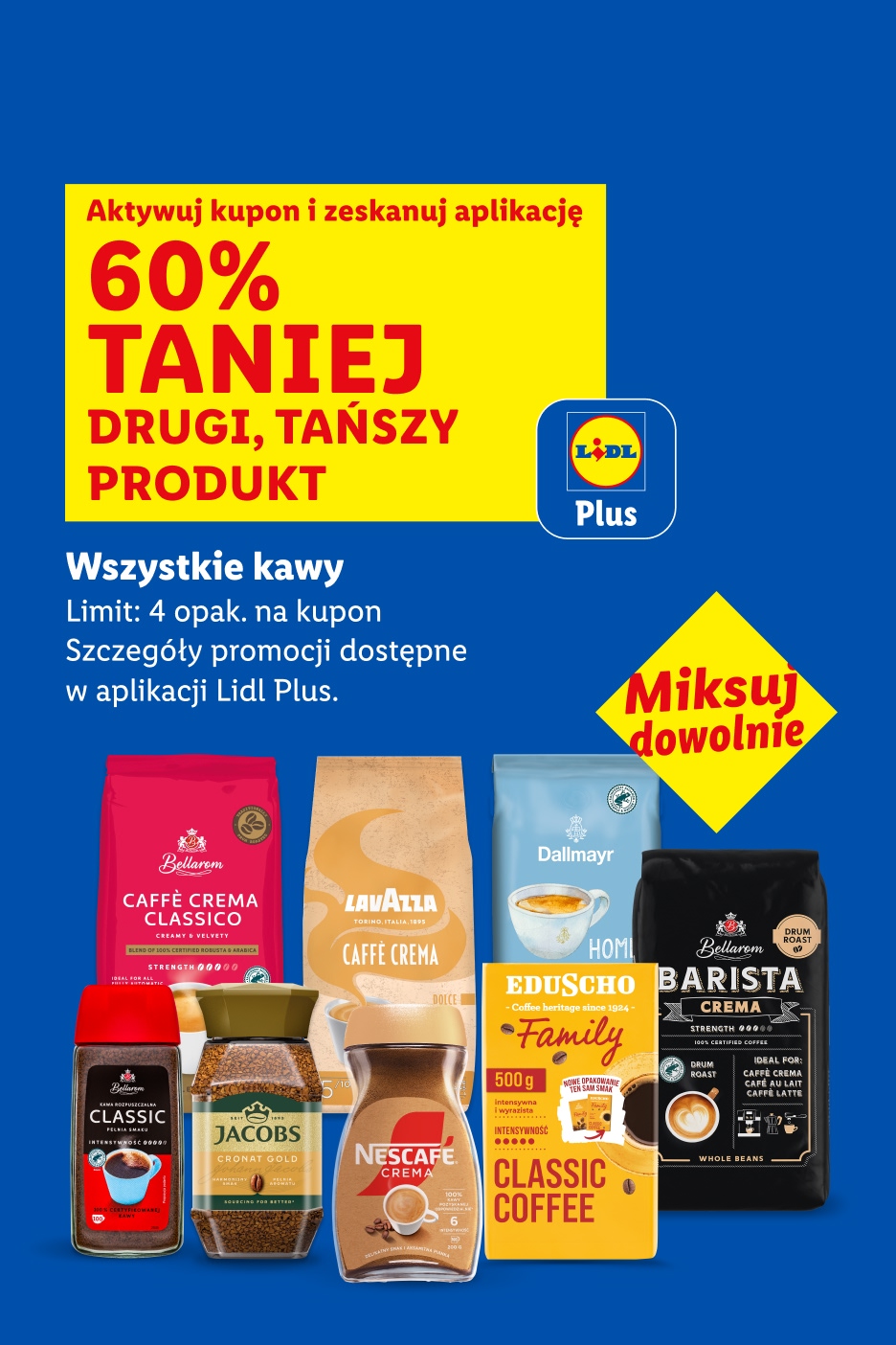 Wszystkie kawy 60% taniej drugi, tańszy produkt z kuponem Lidl Plus. 