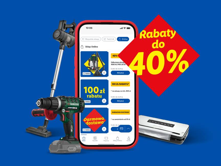 Telefon z aplikacją sklepu online, odkurzaczem, wiertarką i zgrzewarką, oferujący rabaty do 40%.