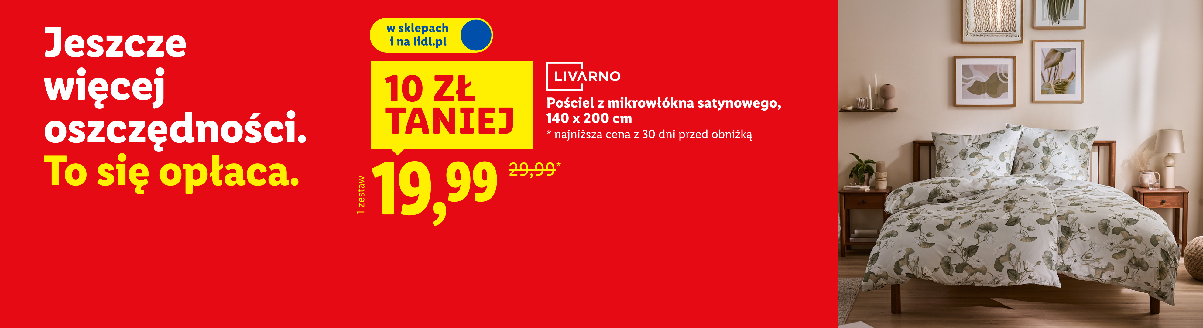Pościel z mikrowłókna satynowego w kwiatowy wzór, 140 x 200 cm, przeceniona z 29,99 zł na 19,99 zł.
