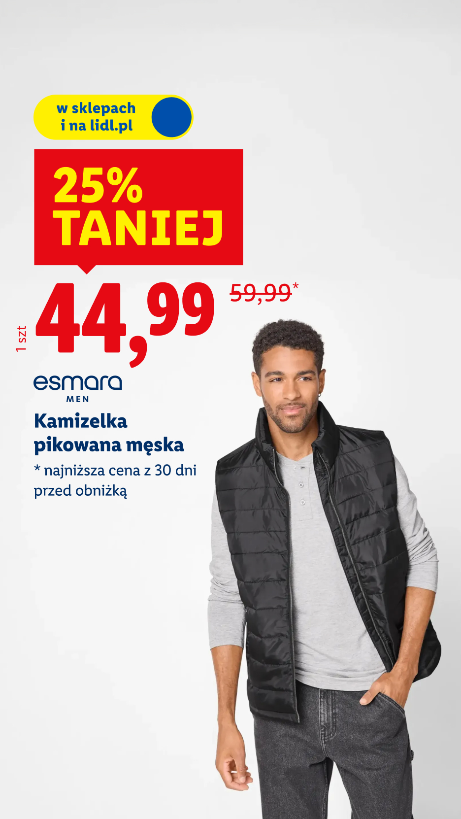Mężczyzna w czarnej pikowanej kamizelce, obniżka 25% na 44,99 zł z 59,99 zł.