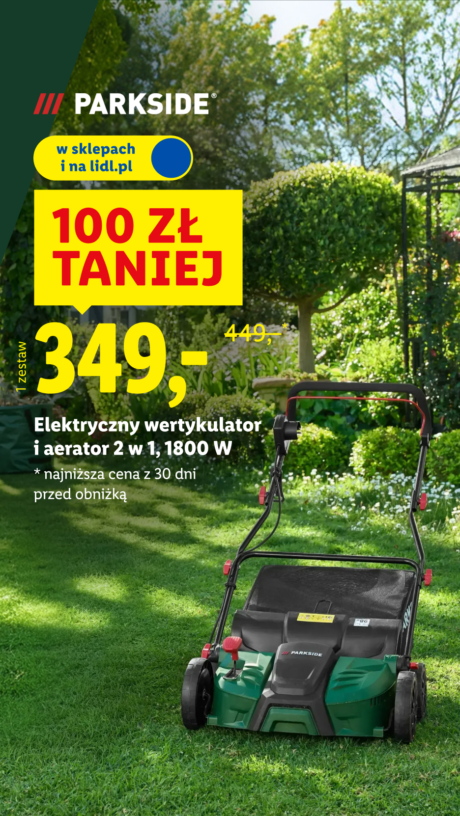 Kosiarka do trawy na zielonym trawniku, z ceną 349 zł i informacją o obniżce.