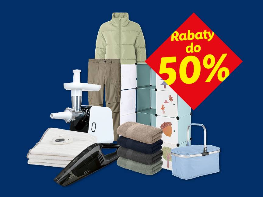 Kurtka, spodnie, szafka modułowa, maszynka do mięsa, ręczniki i inne produkty z rabatami do 50%.