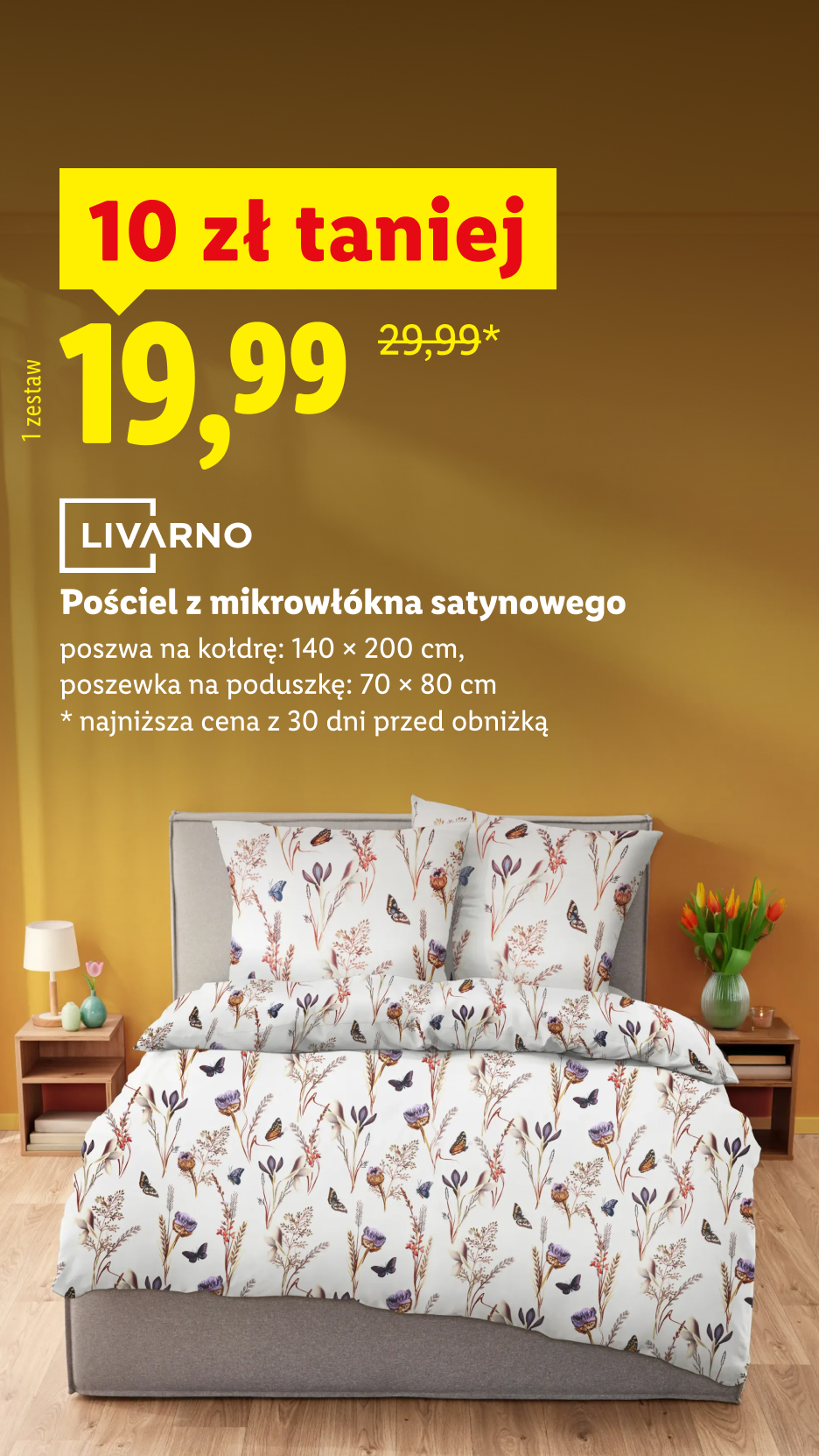 Pościel z mikrowłókna satynowego z motywem kwiatów i motyli, w promocji za 19,99 zł.