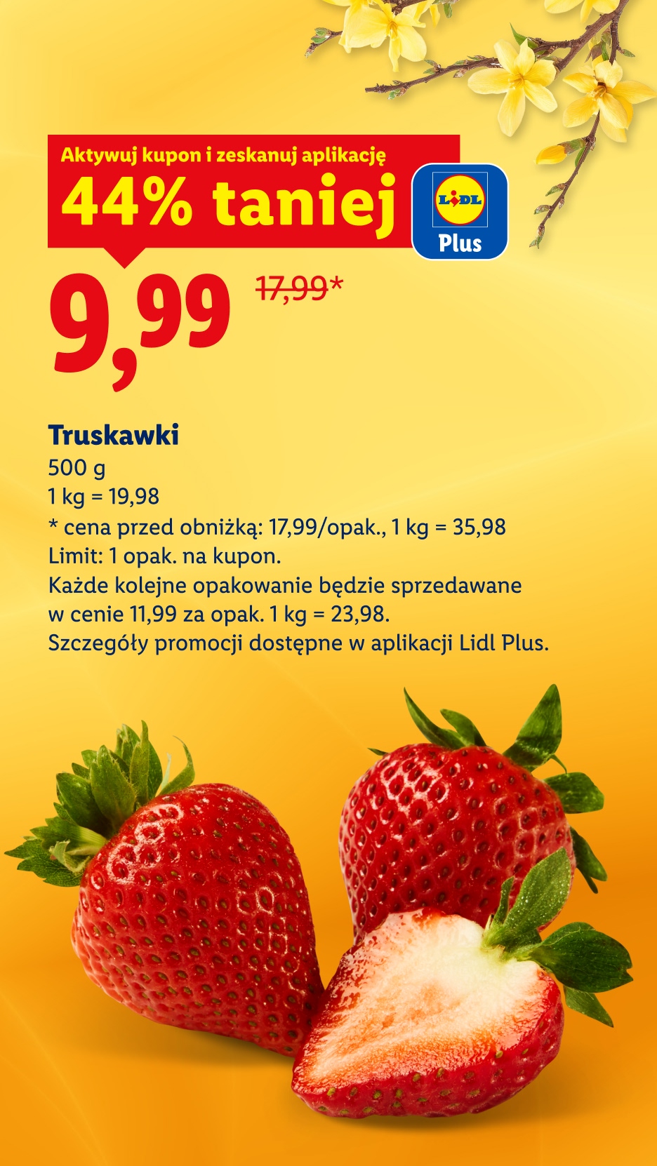 Z kuponem Lidl Plus truskawki 44% taniej, 9,99/500 g, 1 kg = 19,98. Cena przed obniżką: 17,99/opak., 1 kg = 35,98.