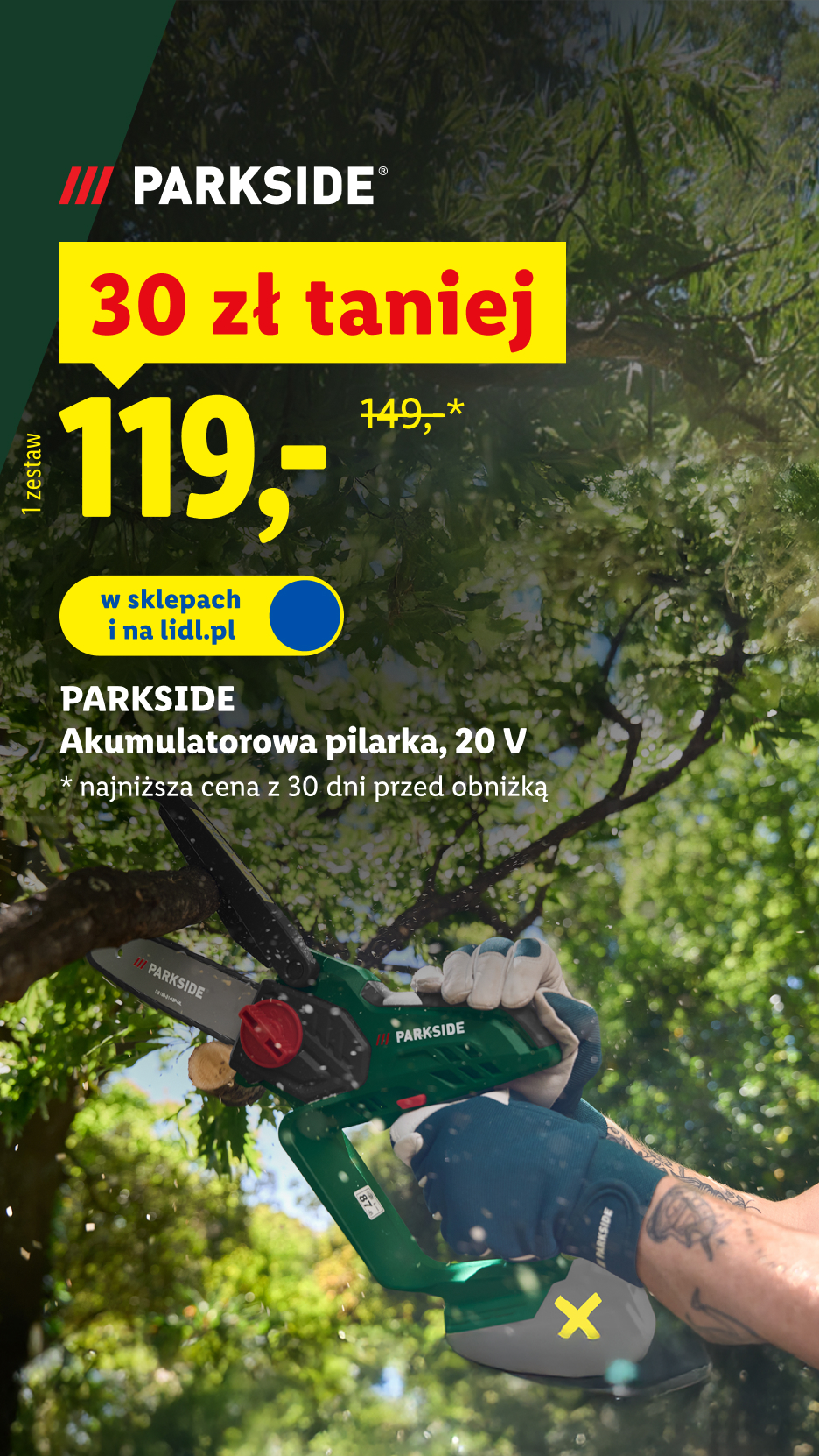 Mężczyzna w rękawicach używa zielonej piły łańcuchowej do przycinania gałęzi, z ceną 119 zł.