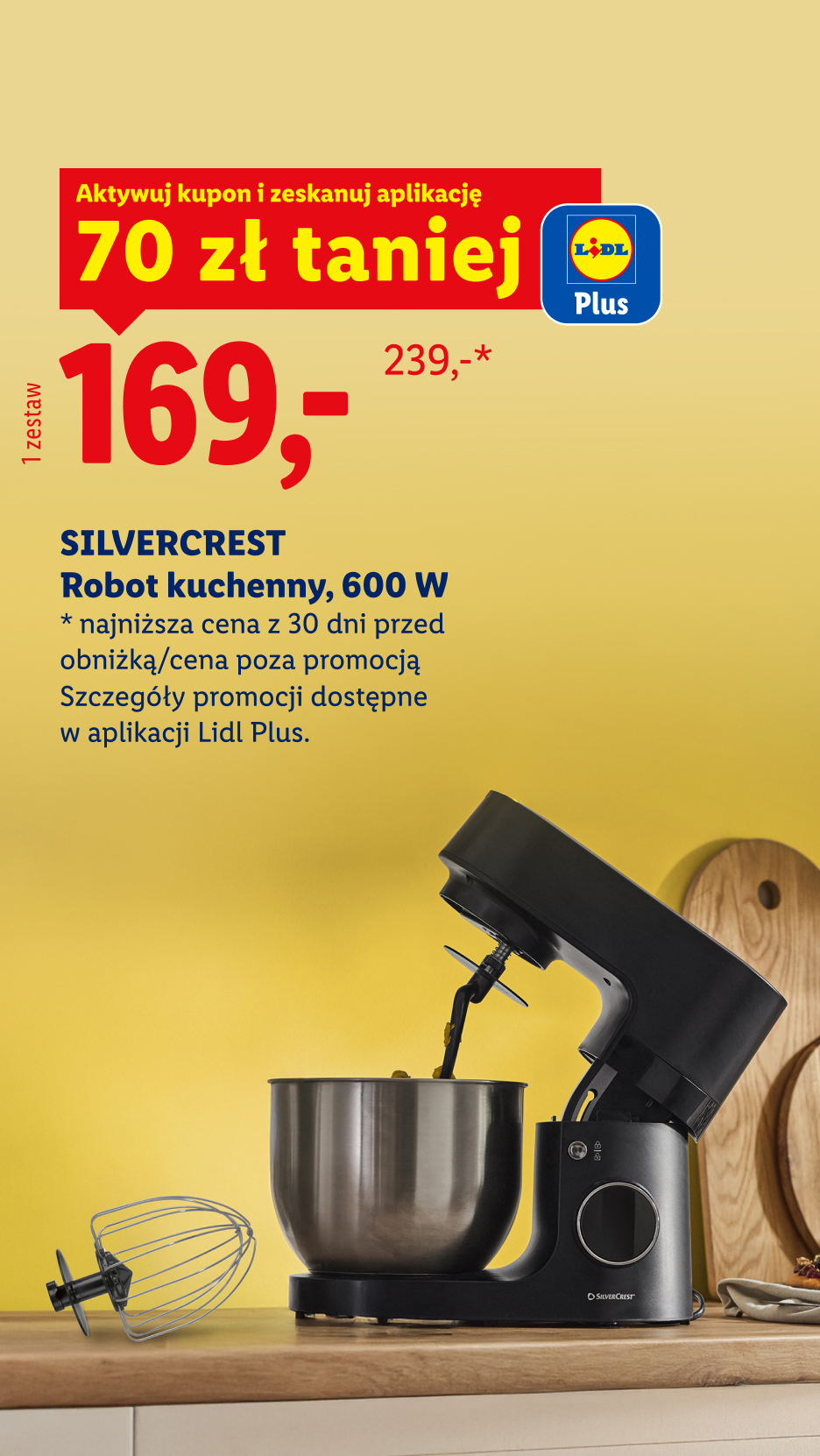 Robot kuchenny z misą i trzepaczką, oferowany w promocji za 169 zł.