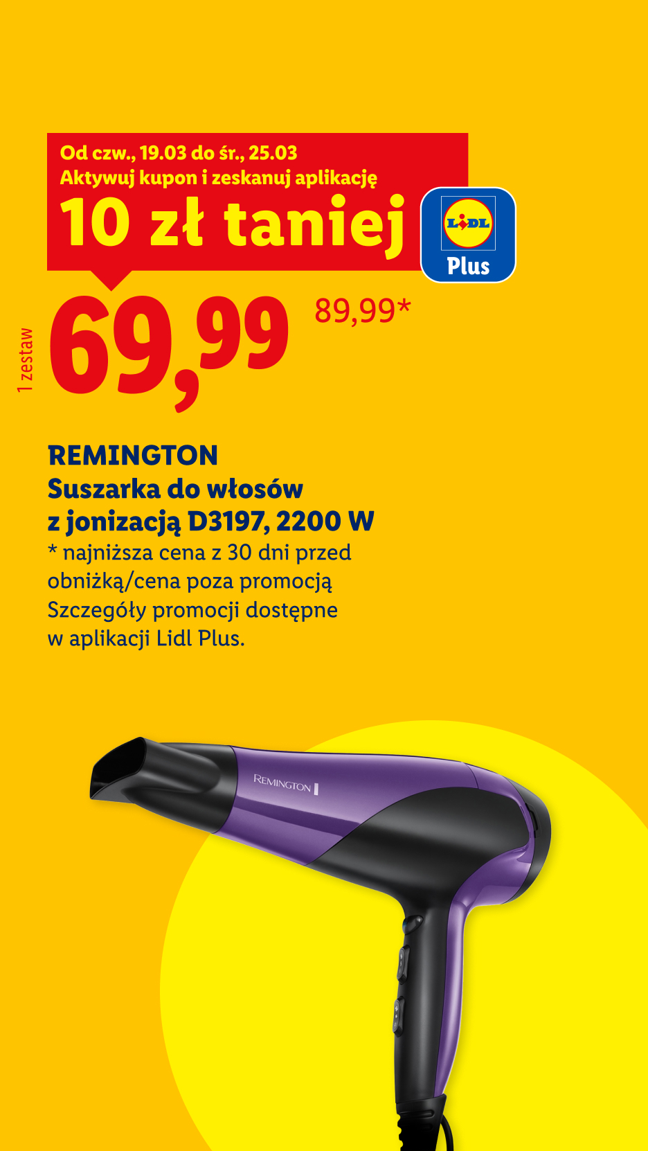 Fioletowa suszarka do włosów z jonizacją, w promocji za 69,99 zł z kuponem Lidl Plus.