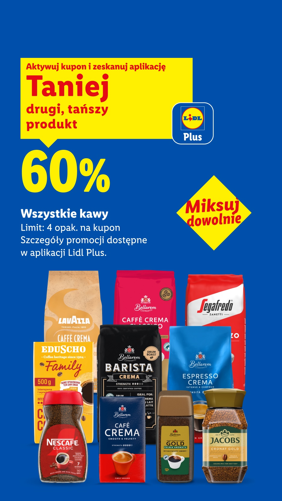 Z kuponem Lidl Plus wszystkie kawy 60% taniej drugi, tańszy produkt. Limit: 4 opak. na kupon. Szczegóły promocji dostępne w aplikacji Lidl Plus.