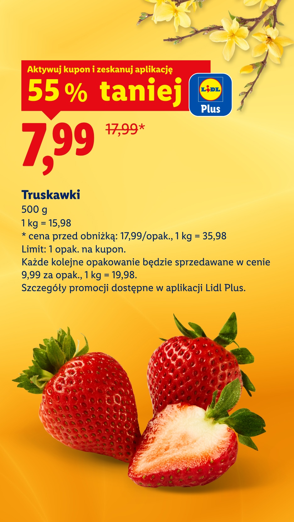 Z kuponem Lidl Plus truskawki 500g 55% taniej, 7,99 zamiast 17,99, 1 kg = 15,98. Limit: 1 opak. na kupon. Każde kolejne: 11,99/opak. 