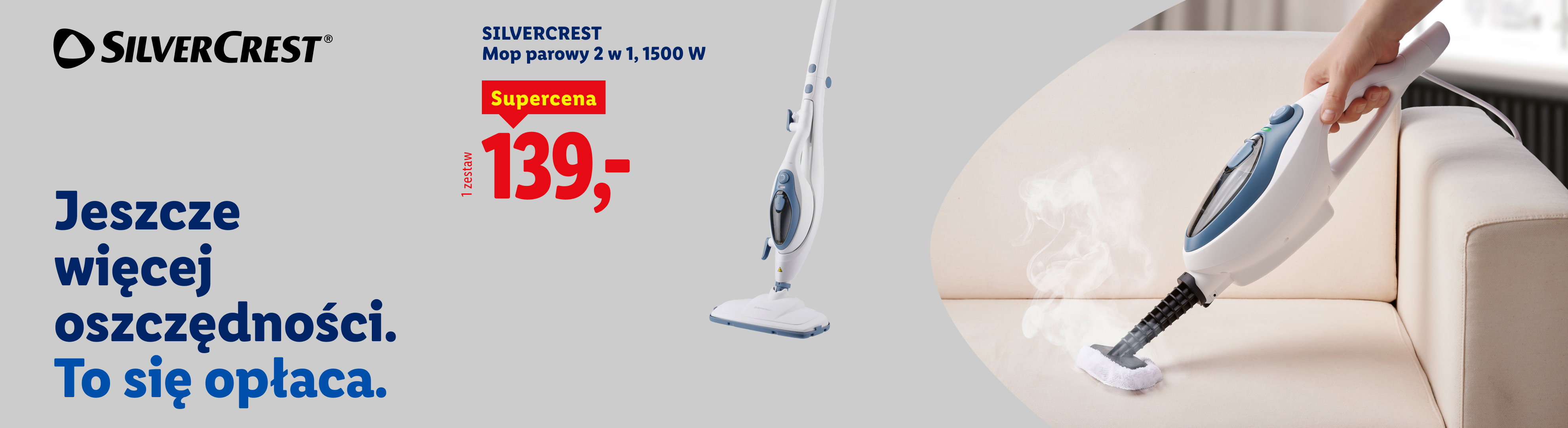 Mop parowy 2 w 1, 1500 W, w supercenie 139,-. Jeszcze więcej oszczędności.