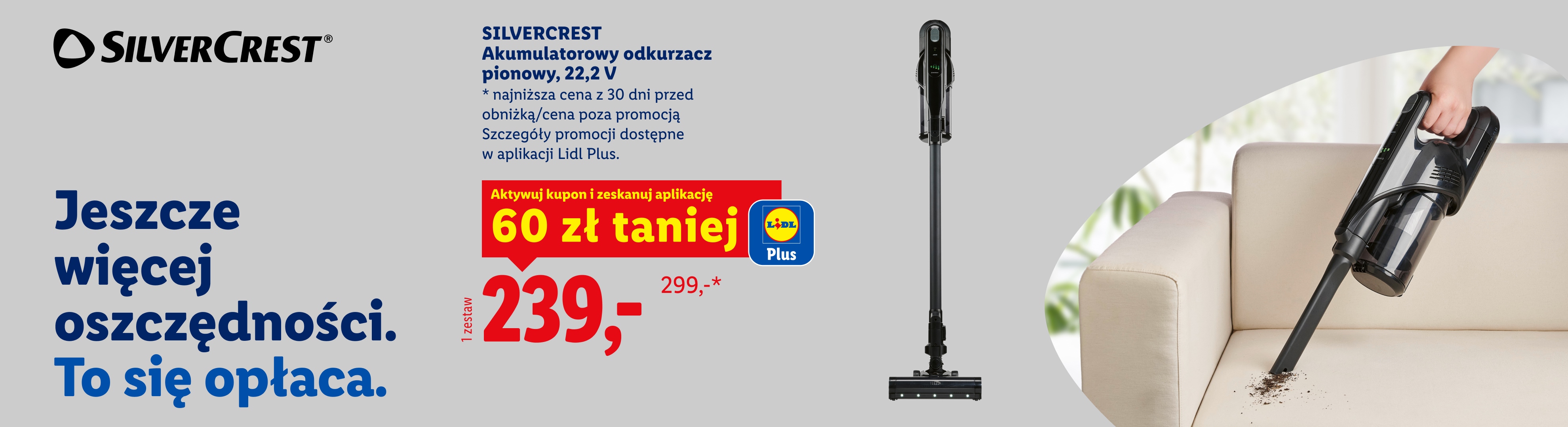 Pionowy odkurzacz akumulatorowy, 22,2 V, w promocji Lidl Plus za 239 zł.