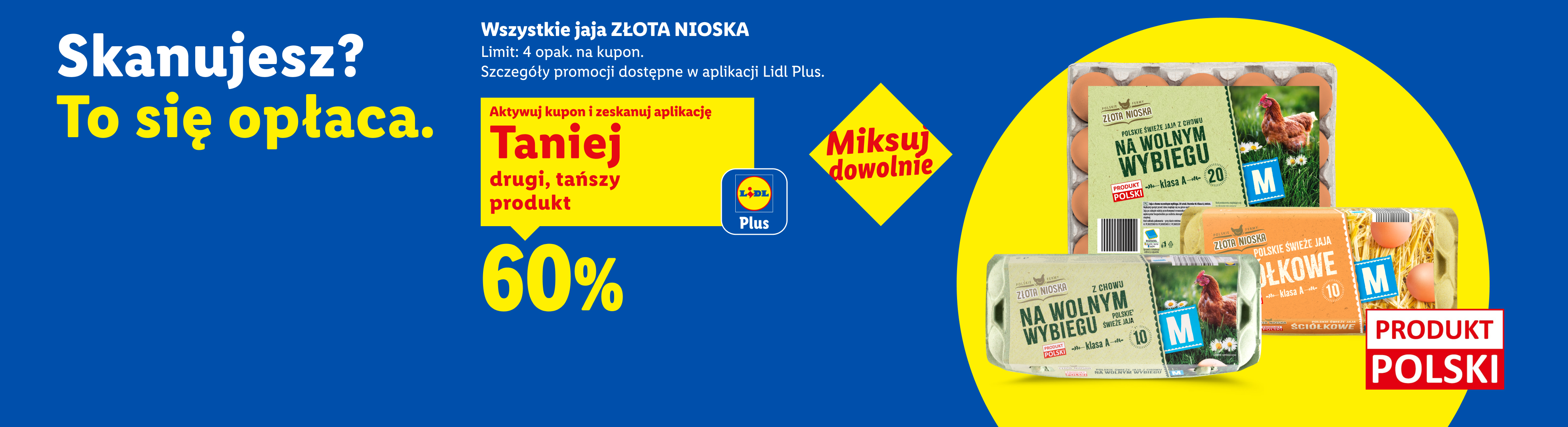 Promocja na jajka z wolnego wybiegu i ściółkowe, drugi tańszy produkt 60% taniej z aplikacją.