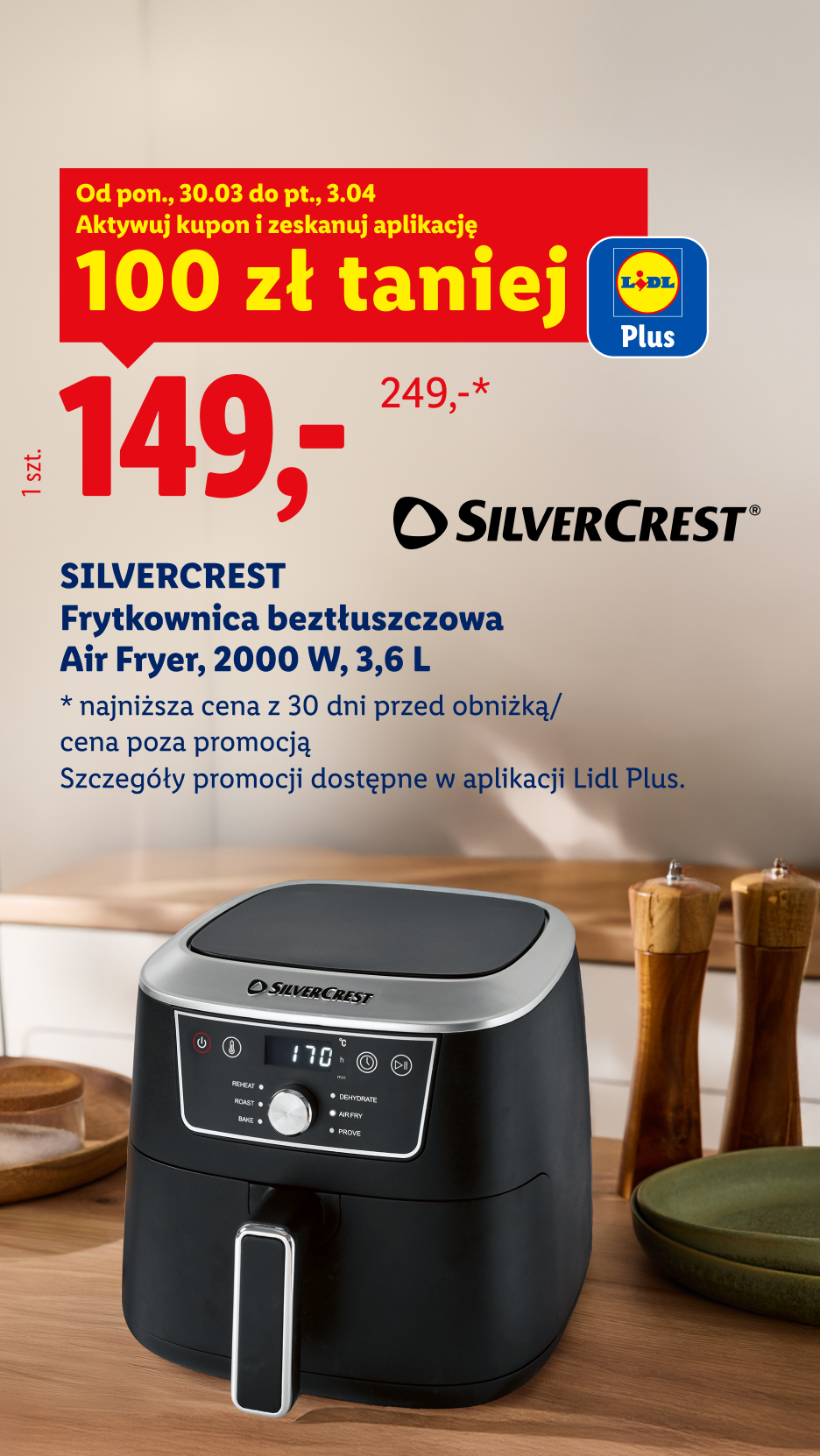 Z kuponem Lidl Plus frytkownica beztłuszczowa Air Fryer, 2000 W, 3,6 L Silvercest 100 zł taniej, , szczegóły promocji dostępne w aplikacji Lidl Plus