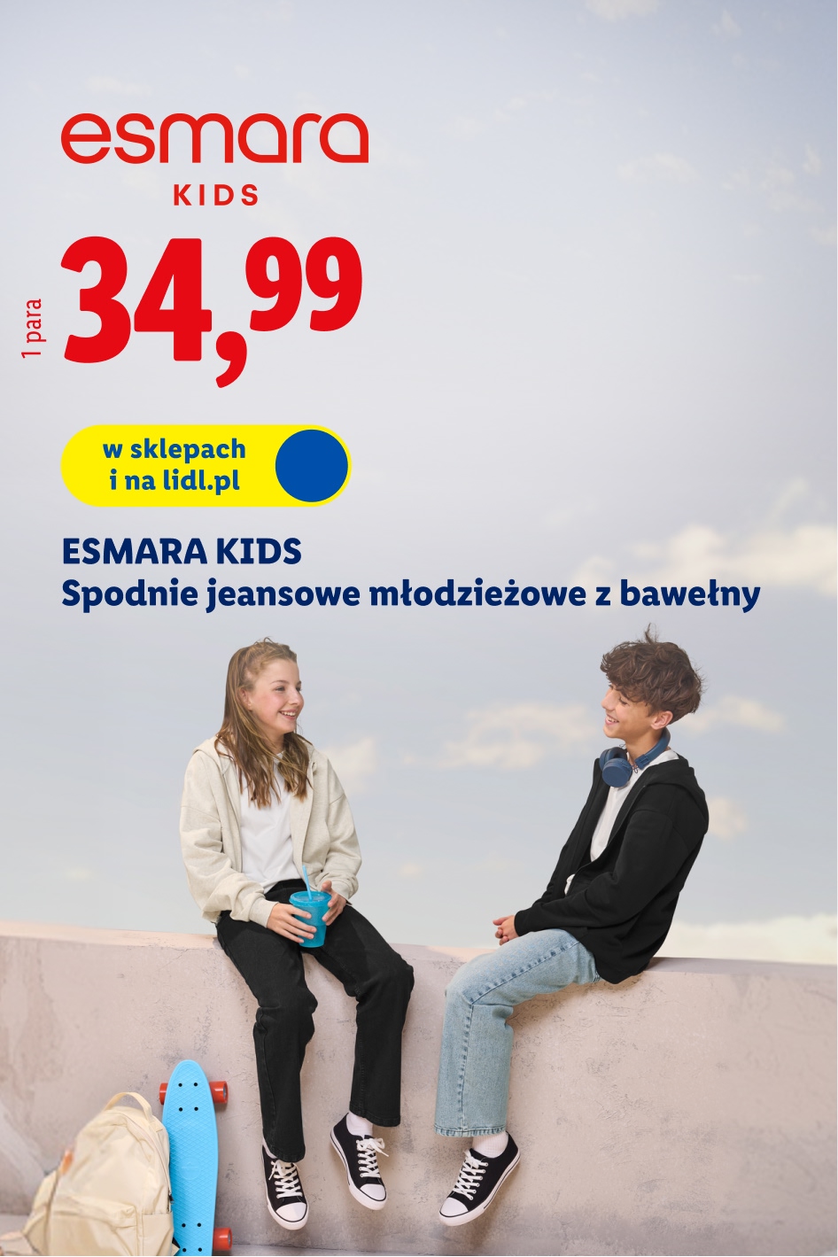 Spodnie jeansowe młodzieżowe z bawełny Esmara za 34,99 zł, dostępne w sklepach i na lidl.pl.