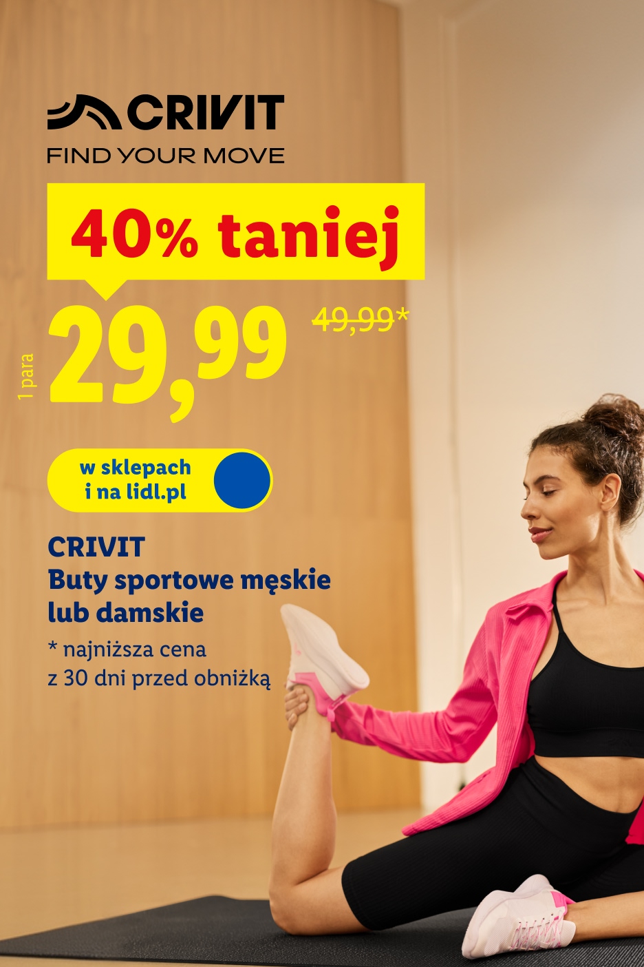 Buty sportowe męskie lub damskie Crivit 40% taniej, 29,99 zł/ 1 para, 49,99 zł najniższa cena z 30 dni przed obniżką, w sklepach i na lidl.pl