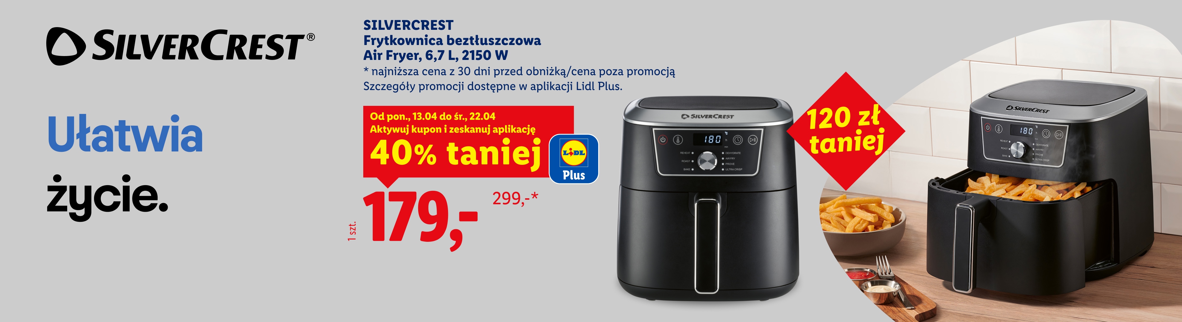 z kuponem lidl plus, Silvercrest frytkownica beztłuszczowa Air Fryer, 6,7 l, 2150 W za 179zł/1 szt., 40% taniej, cena poza promocją: 299zł od 13.04 do 22.04.2026. 