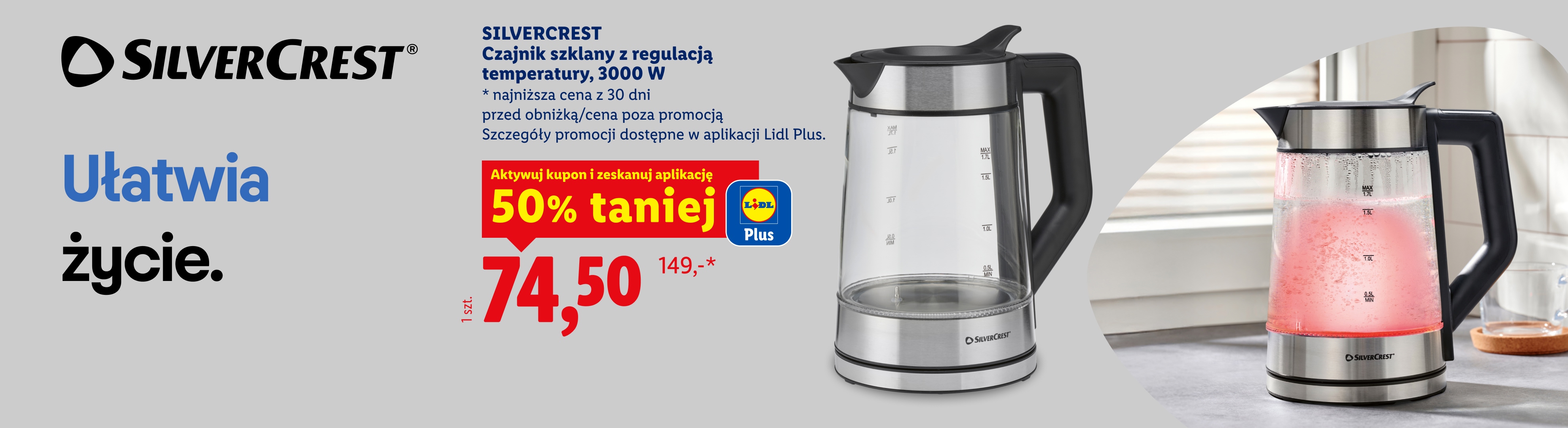  Silvercrest Ułatwia życie. Z kuponem Lidl Plus Silvercrest Czajnik szklany z regulacją temperatury, 3000 W za 74,50 zł/ 1 szt. 50% taniej, cena poza promocją: 149 zł