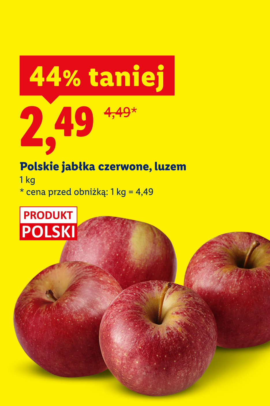 W naszej ofercie Ryneczkowej: polskie jabłka czerwone, luzem 44% taniej, 2,49/kg. Cena przed obniżką: 4,49/kg. Produkt polski.