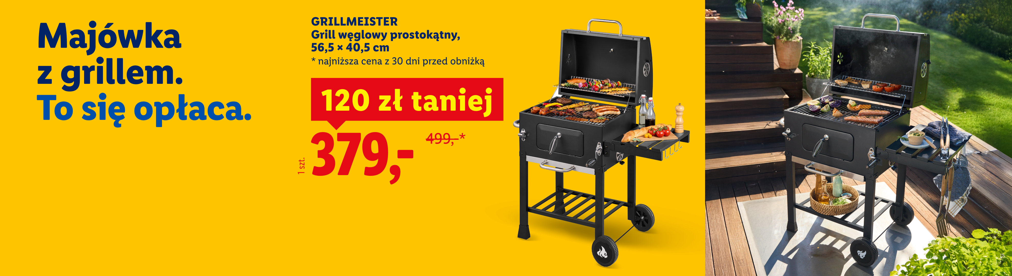 W naszej ofercie między innymi: Grillmeister grill węglowy prostokątny 56,5x40,5 cm 120 zł taniej, za 379 zł. Najniższa cena z 30 dni przed obniżką: 499 zł.