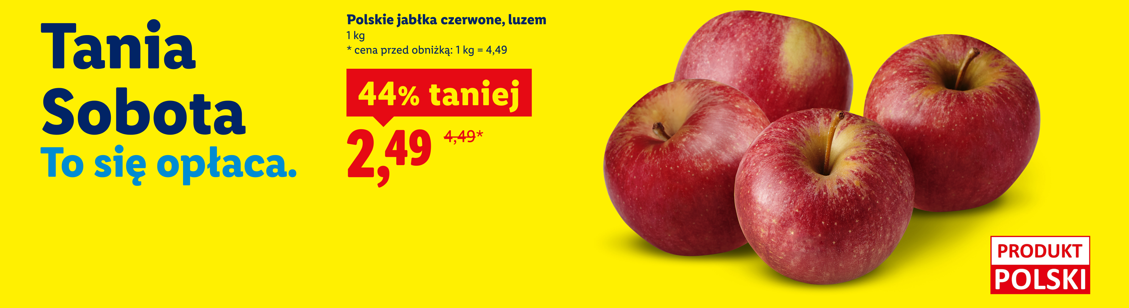 W naszej ofercie Ryneczkowej: polskie jabłka czerwone, luzem 44% taniej, 2,49/kg. Cena przed obniżką: 4,49/kg. Produkt polski.