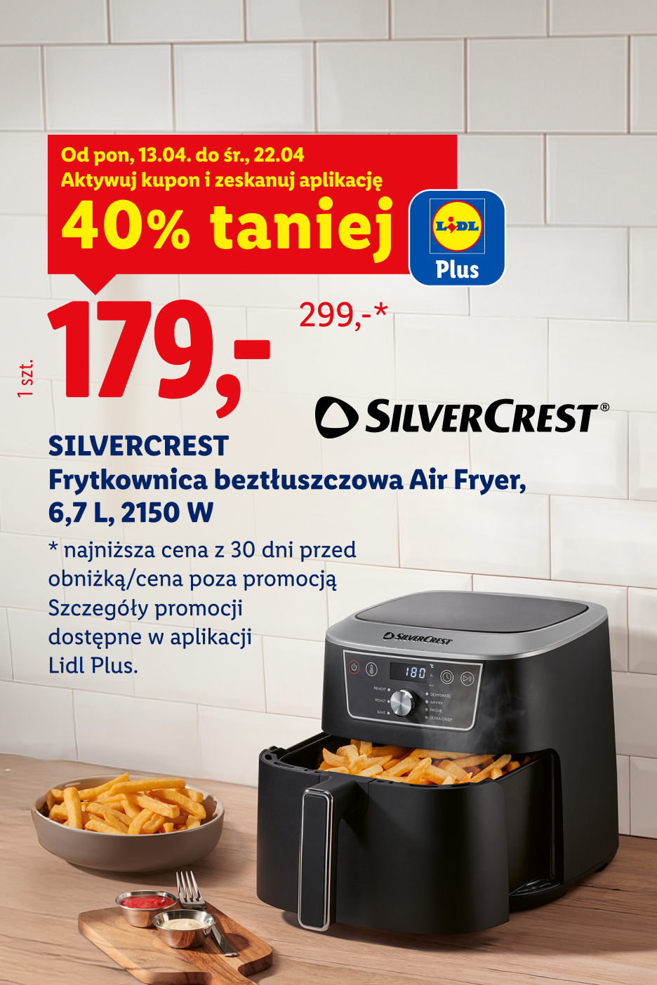 z kuponem lidl plus, Silvercrest frytkownica beztłuszczowa Air Fryer, 6,7 l, 2150 W za 179zł/1 szt., 40% taniej, najniższe cena z 30 dni przed obniżką/ cena poza promocją: 299zł