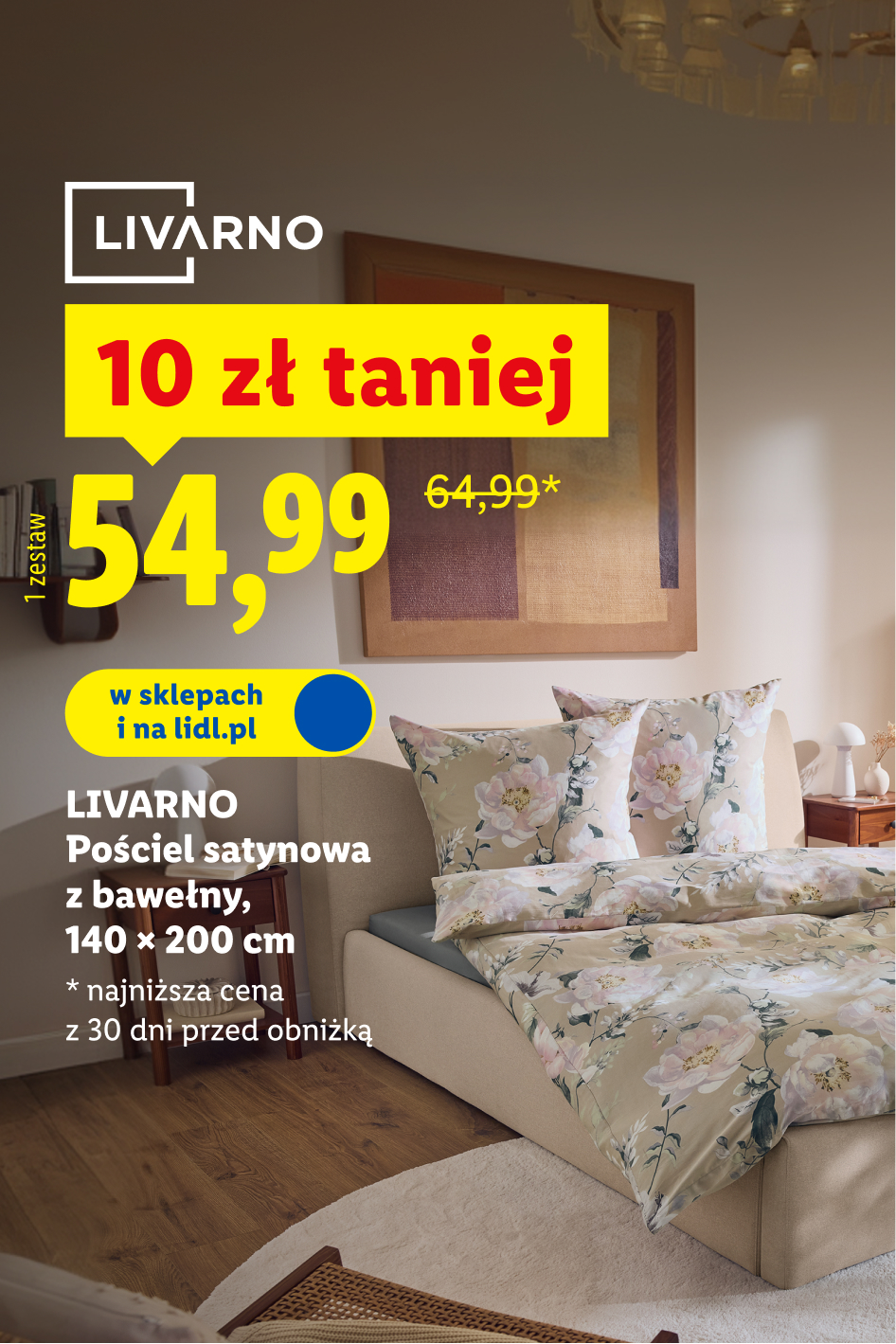 Livarno Pościel satynowa z bawełny 140x200 cm w kwiatowy wzór, przeceniona z 64,99 zł na 54,99 zł./ 1 szt.