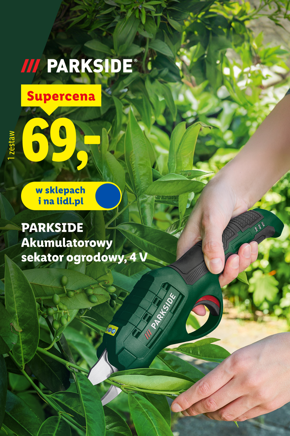 Parkside akumulatorowy sekator ogrodowy 4 V, supercena 69,- zł/ 1 zestaw, w sklepach i na lidl.pl