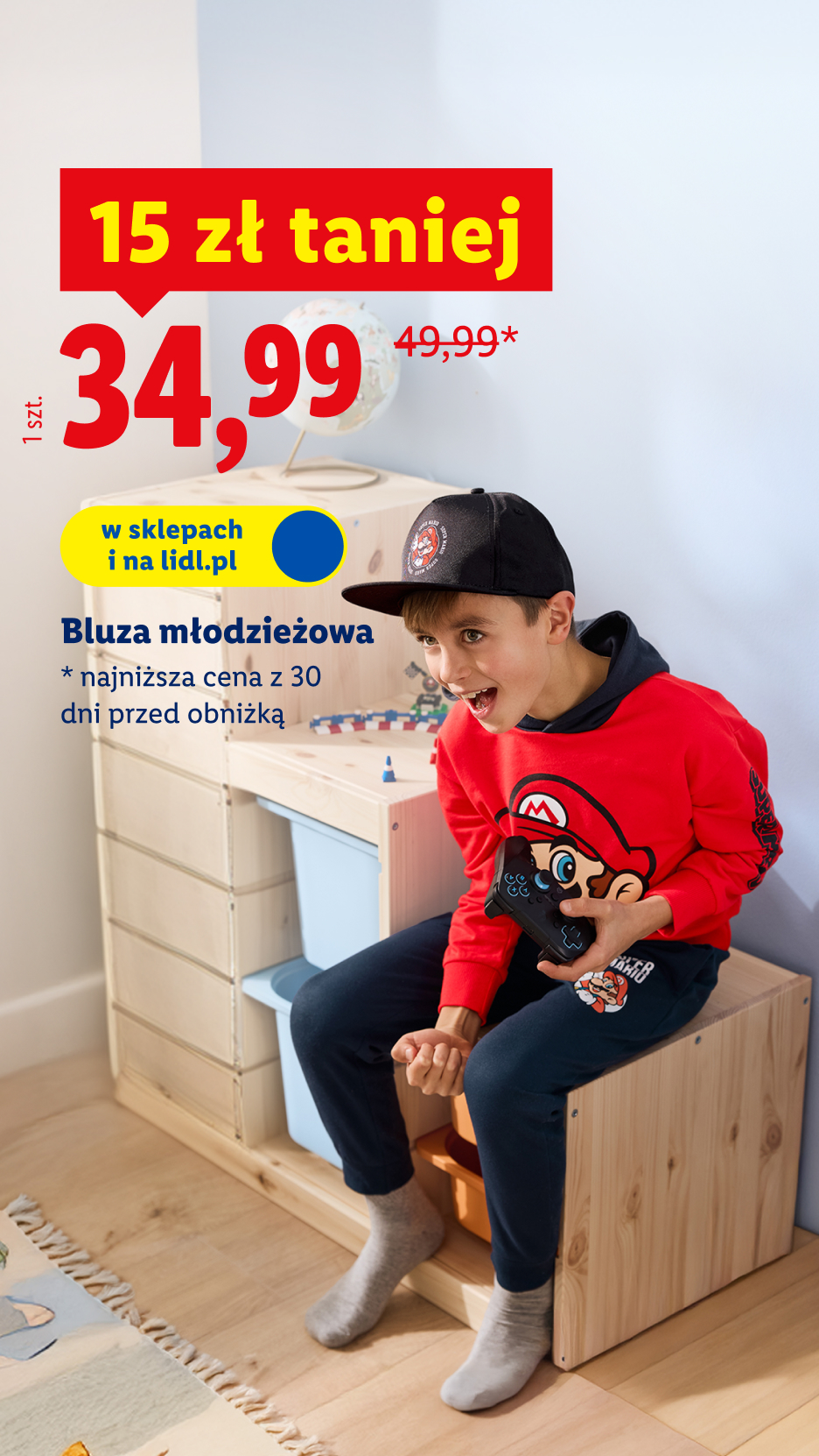 Bluza młodzieżowa 15 zł taniej, 34,99 zł/ 1 szt., 49,99 zł najniższa cena z 30 dni przed obniżką, w sklepach i na lidl.pl