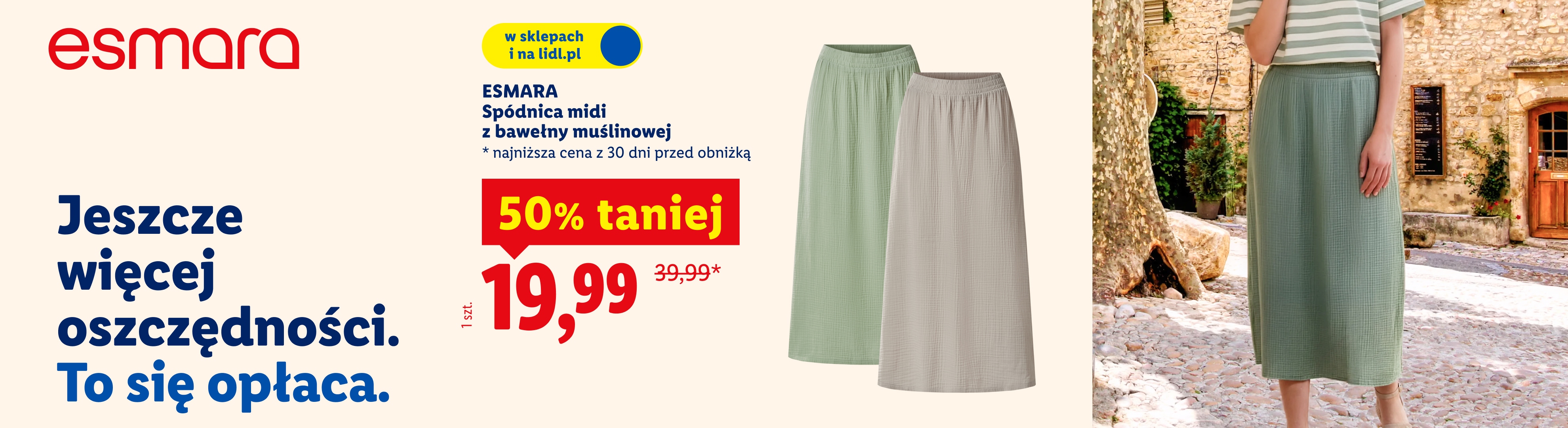 ESMARA Spódnica midi z bawełny muślinowej 50% taniej, 19,99/szt. Najniższa cena z 30 dni przed obniżką: 39,99. W sklepach i na lidl.pl