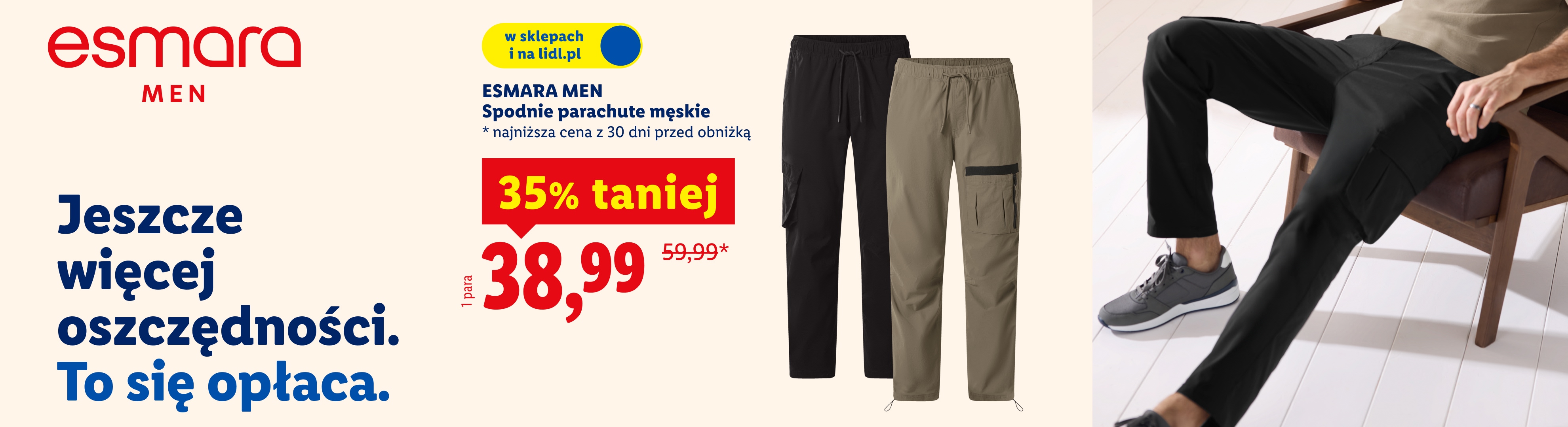 W naszej ofercie m.in. ESMARA MEN Spodnie parachute męskie 35% taniej, 38,99/para. Najniższa cena z 30 dni przed obniżką: 59,99. W sklepach i na lidl.pl