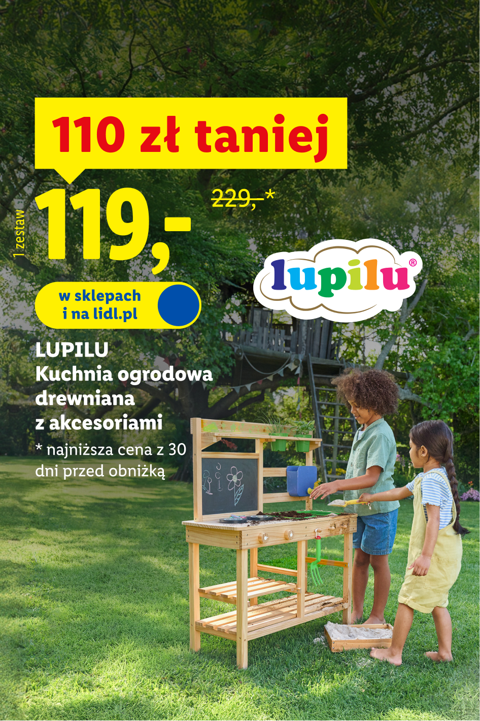 Lupilu kuchnia ogrodowa drewniana z akcesoriami, 110 zł taniej, 119,- zł/ 1 zestaw, 229,- zł najniższa cena z 30 dni przed obniżką, w sklepach i na lidl.pl