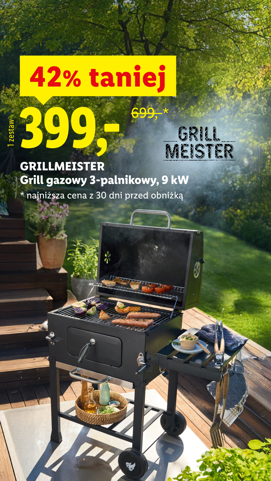 GRILLIMEISTER Grill gazowy 3-palnikowy, 9 kW 42% taniej 399 zł zamiast 699 zł Najniższa cena z 30 dni przed obniżką