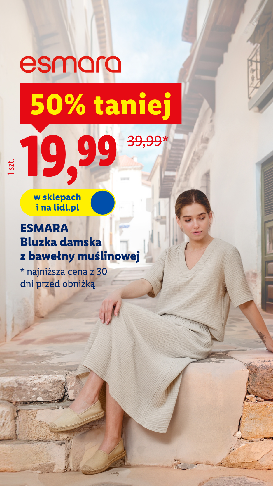Bluzka damska z bawełny muślinowej marki Esmara 50% taniej, 19,99 zł./1 szt., 39,99 najniższa cena z 30 dni przed obniżką, w sklepach i na lidl.pl