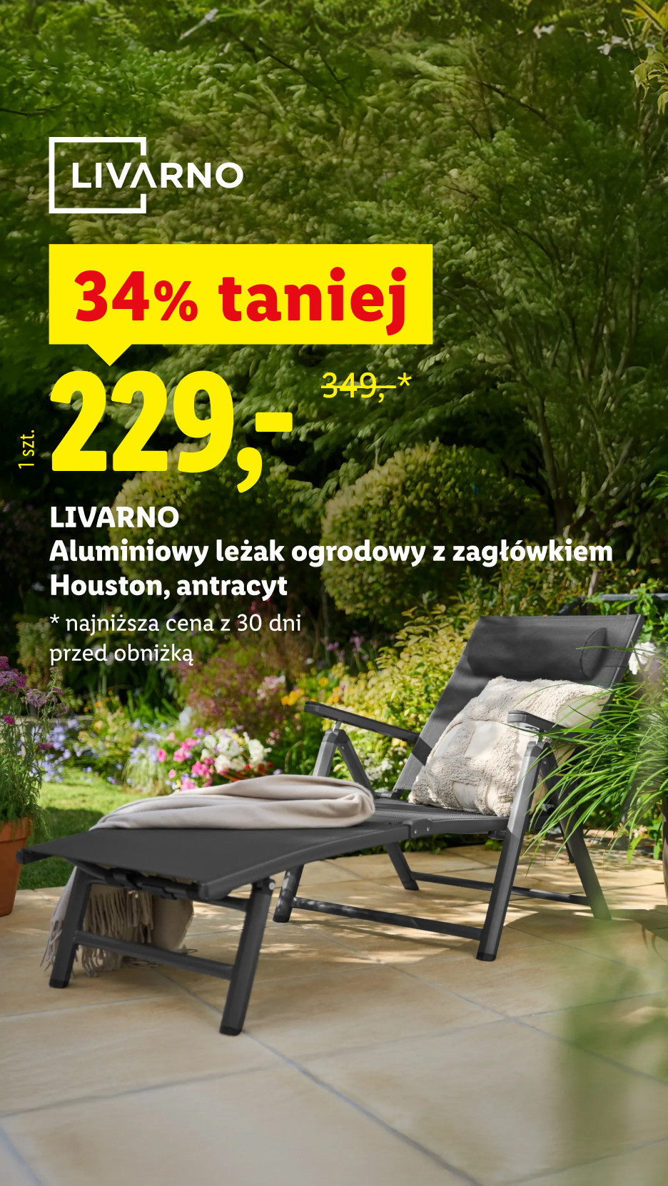 LIVARNO® Aluminiowy leżak ogrodowy z zagłówkiem Houston, antracyt 34% taniej 229 zł zamiast 349 zł Najniższa cena z 30 dni przed obniżką