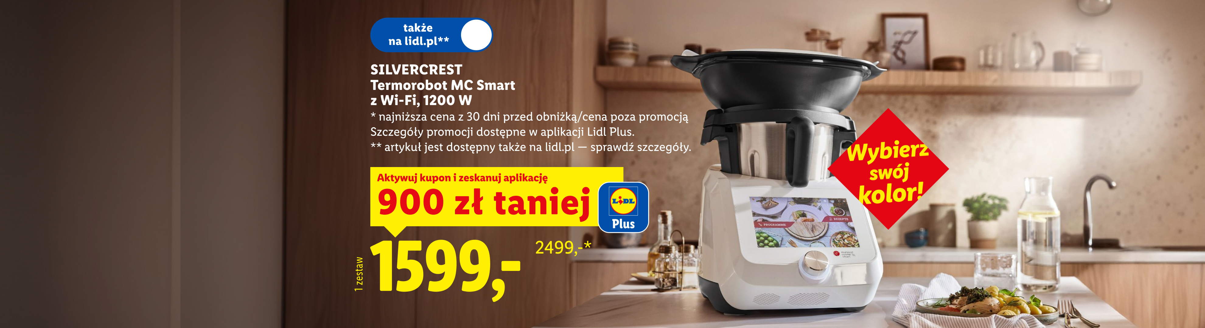 SILVERCREST Termorobot MC Smart z Wi-Fi, 1200 W z kuponem Lidl Plus 900 zł taniej, 1599zł/1 zestaw,najniższa cena z 30 dni przed obniżką/cena poza promocją:2499zł Wybierz swój kolor