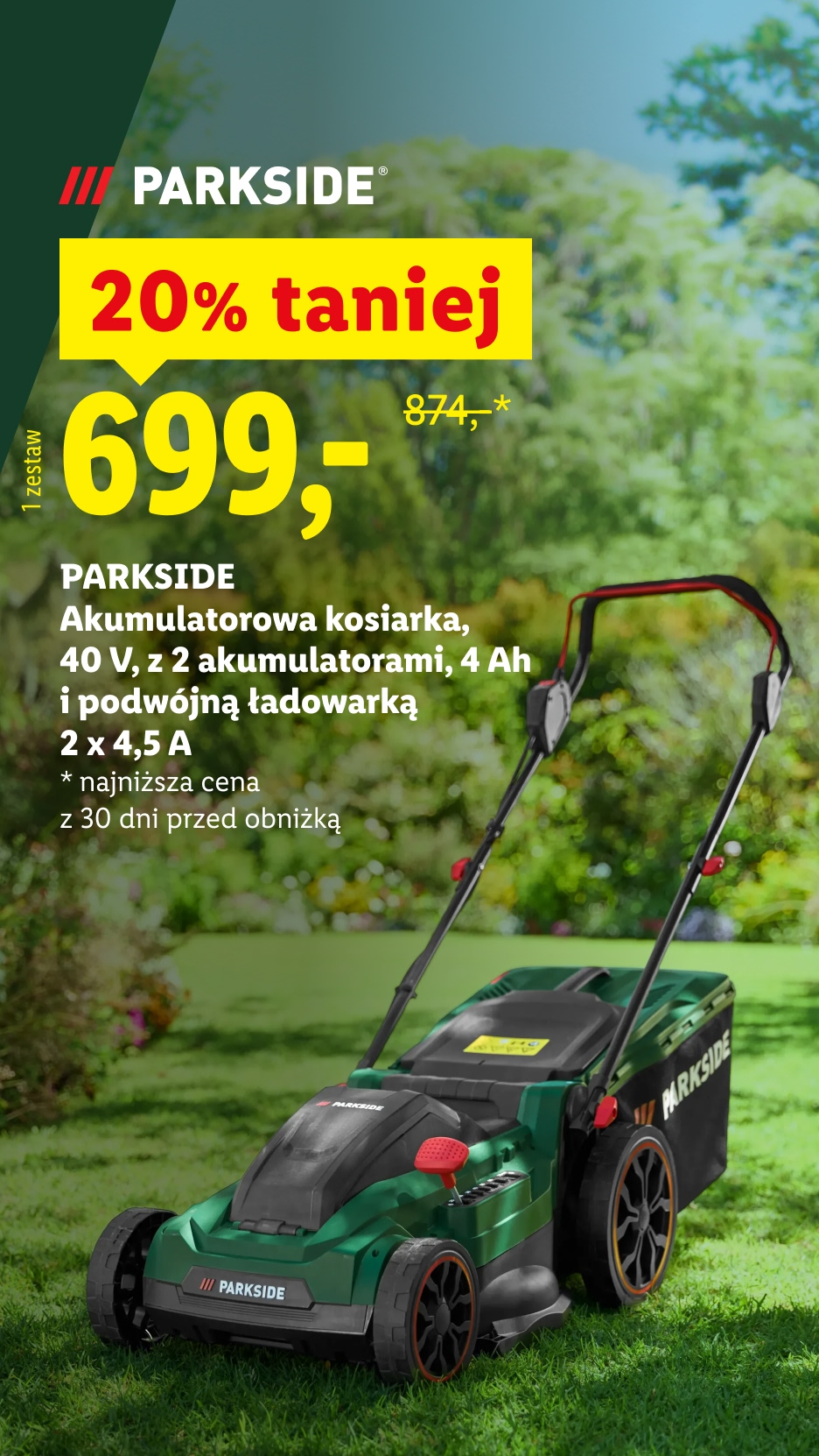 PARKSIDE Akumulatorowa kosiarka, 40 V, z 2 akumulatorami, 4 Ah i podwójną ładowarką 2 x 4,5 A 20 % taniej 699 zł zamiast 874 zł najniższa cena z 30 dni przed obniżką
