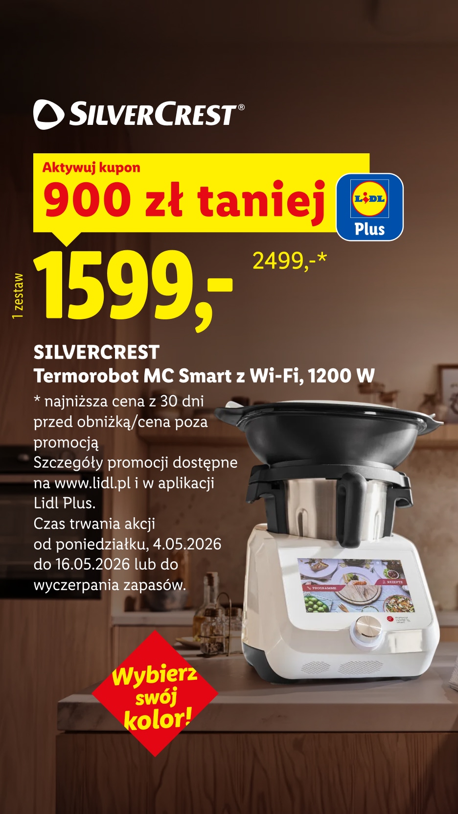 SILVERCREST Termorobot MC Smart z Wi-Fi, 1200 W z kuponem Lidl Plus 900 zł taniej, 1599zł/1 zestaw,najniższa cena z 30 dni przed obniżką/cena poza promocją:2499zł Wybierz swój kolor