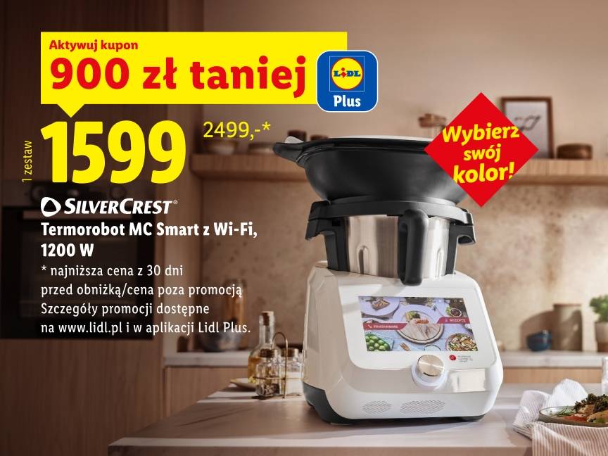SILVERCREST Termorobot MC Smart z Wi-Fi, 1200 W z kuponem Lidl Plus 900 zł taniej, 1599zł/1 zestaw,najniższa cena z 30 dni przed obniżką/cena poza promocją:2499zł Wybierz swój kolor