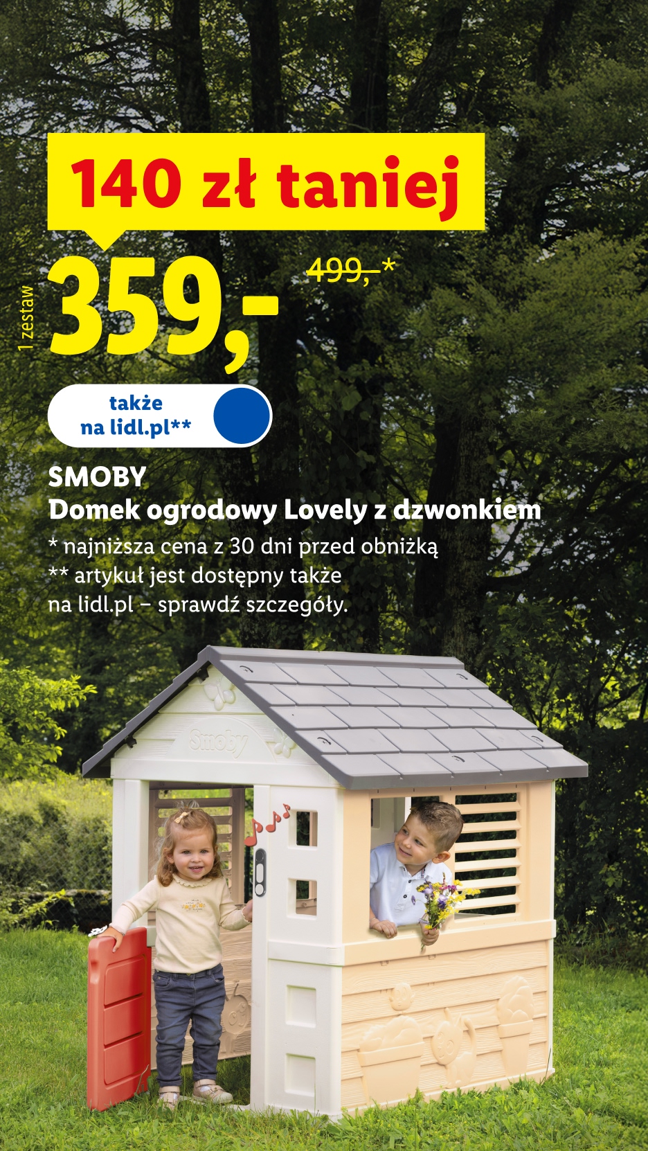 Smoby domek ogrodowy Lovely z dzwonkiem, 140 zł taniej, 359,- zł/ 1 zestaw, 499,- zł przed obniżką, dostępny także na lidl.pl, szczegóły na lidl.pl