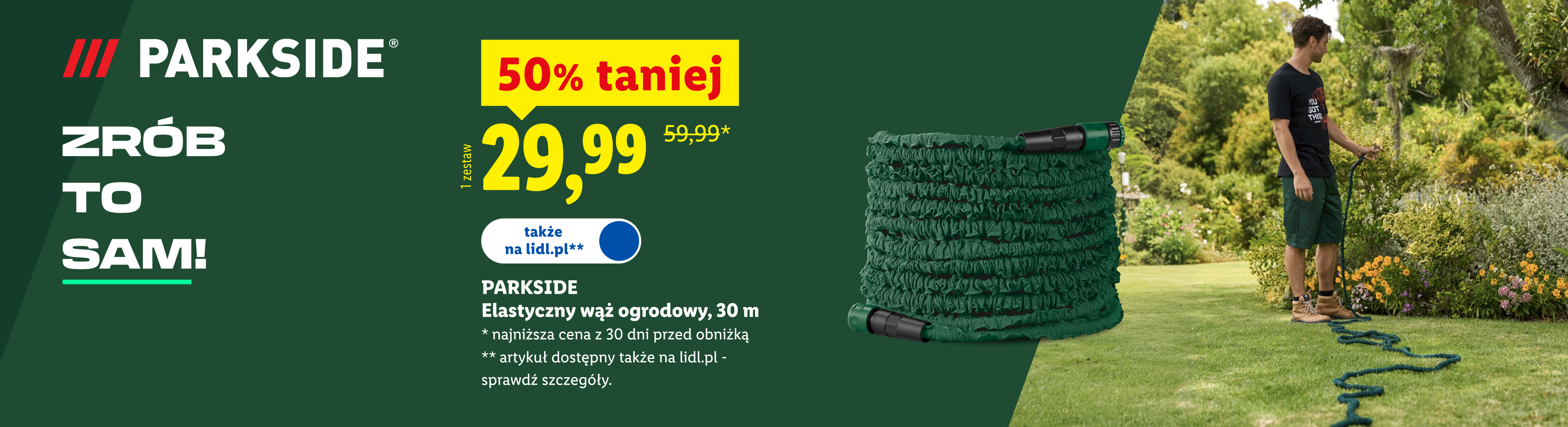 Parkside, Zrób to sam! Elastyczny wąż ogrodowy, 50% taniej, w cenie 29,99. Cena przed obniżką 59,99 zł. W sklepach i na lidl.pl