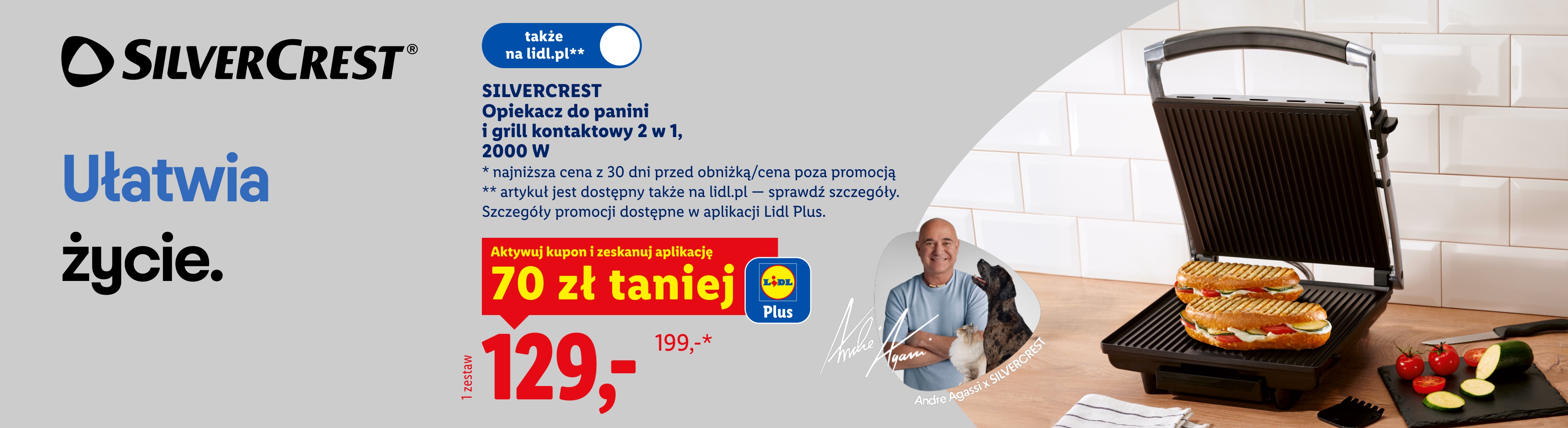 SILVERCREST Opiekacz do panini i grill kontaktowy 2 w 1, 2000 W,  z aplikacją Lidl Plus 70 zł taniej, w cenie 129 zł. Cena przed obniżką 199 zł. SILVERCREST Ułatwia życie.