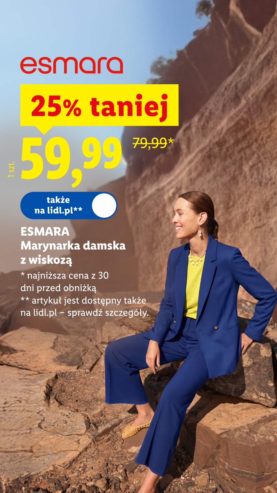 Esmara marynarka damska z wiskozą, 25% taniej, 59,99 zł/ 1 szt., 79,99 zł przed obniżką, dostępna także na lidl.pl, szczegóły na lidl.pl