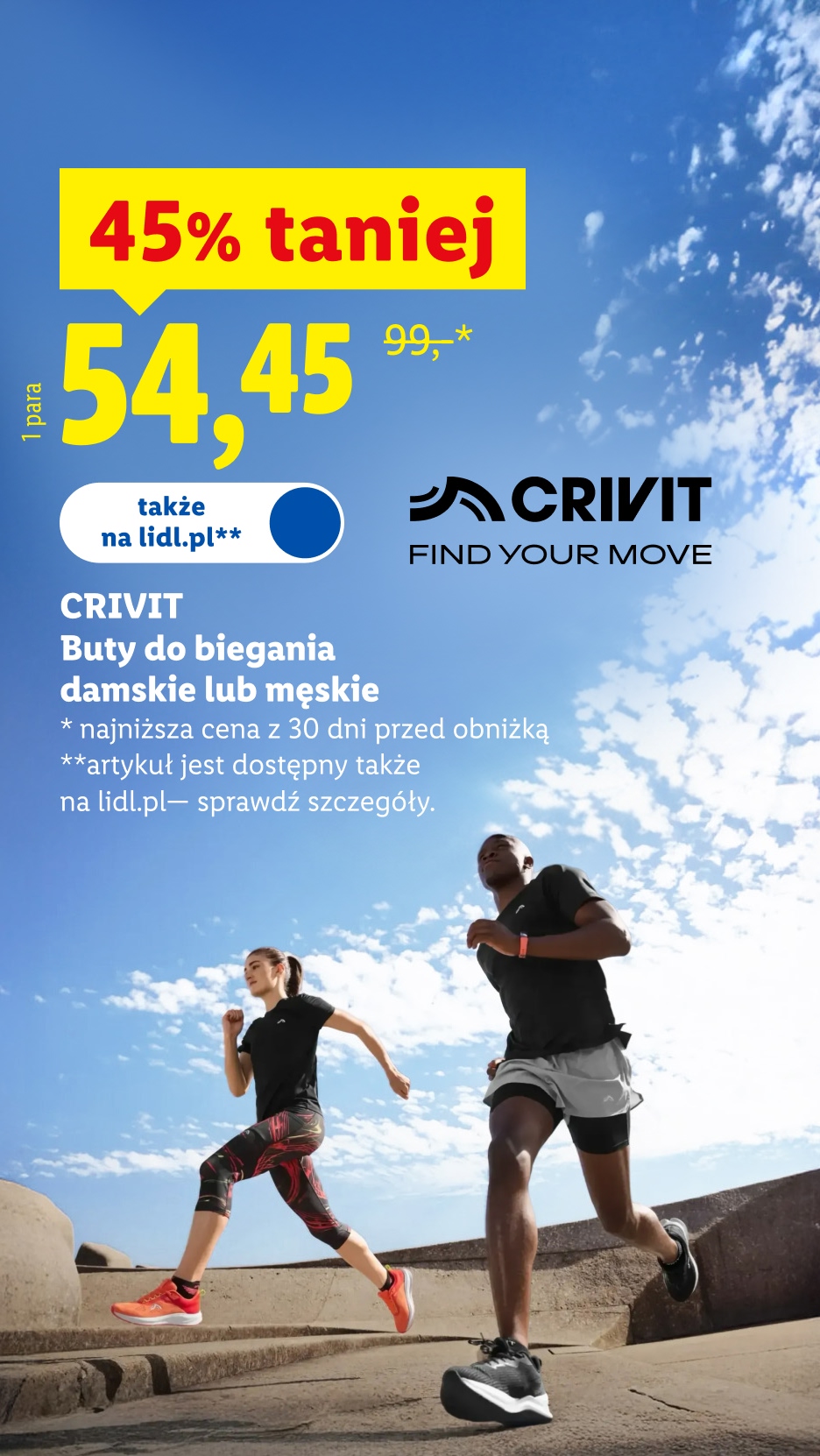 Crivit buty do biegania damskie lub męskie, 45% taniej, 54,45 zł/ 1 para, 99,- zł przed obniżką, dostępne także na lidl.pl, szczegóły na lidl.pl